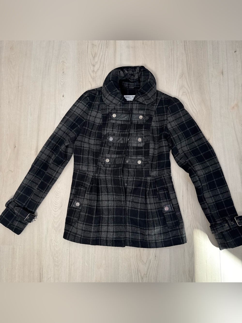 Celebrity Pink Black and Charcoal Plaid Peacoat size S